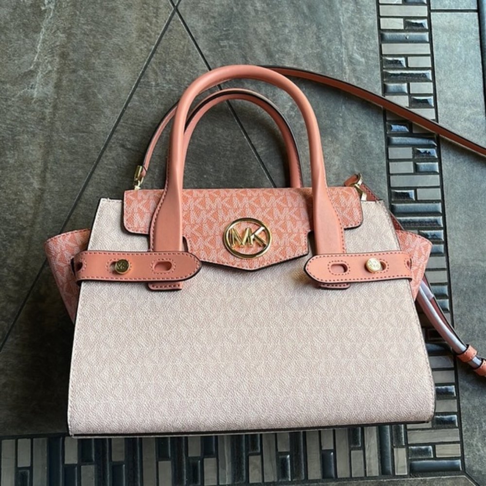 Michael Kors Carmen Medium Color-Block Logo Flap Satchel Sherbert - Picture 10 of 16